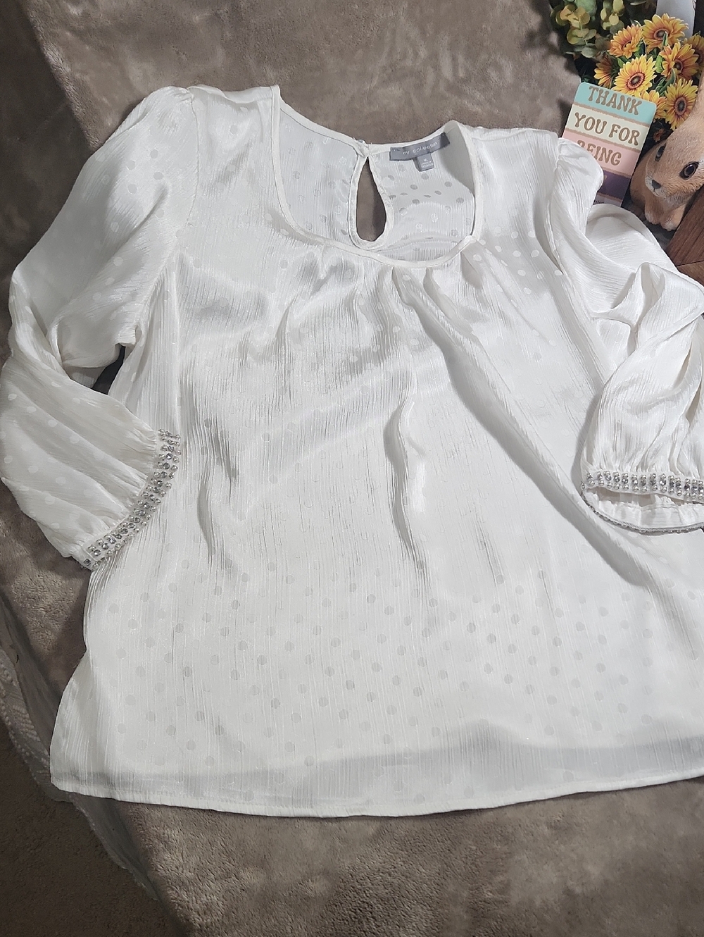 🐦NY Collection White Semi-Sheer Dot-Texture Blouse with Beaded Cuffs - Picture 1 of 9
